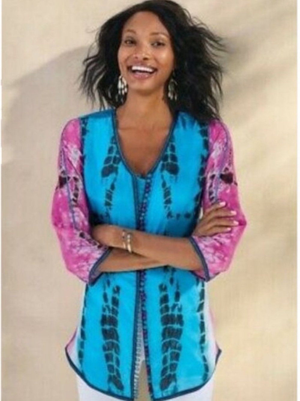 Soft Surroundings Curacao Blue Pink Silk Tie Dye Tunic Top Blouse Size XL NWT - Picture 1 of 14